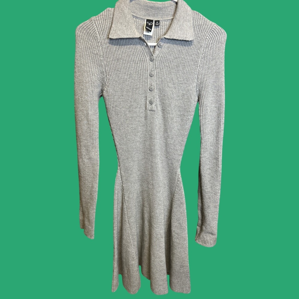Windsor Dress Womens M Gray Ribbed Knit Polo Long Sleeve Fit Flare Mini